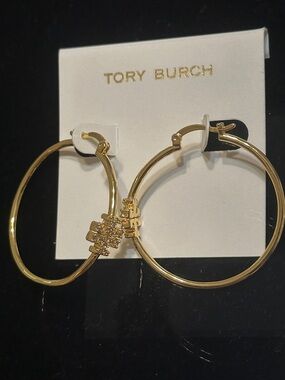 Tory Burch Gold Hoop Earrings with Pave Logo Accent